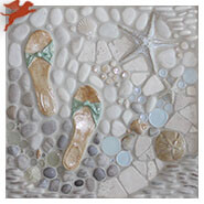 "A Walk on the Beach" mosaic tile 18"x18" mural with glazed starfish, flip flops, and shells, blue circular glass, and natural pebbles and stones