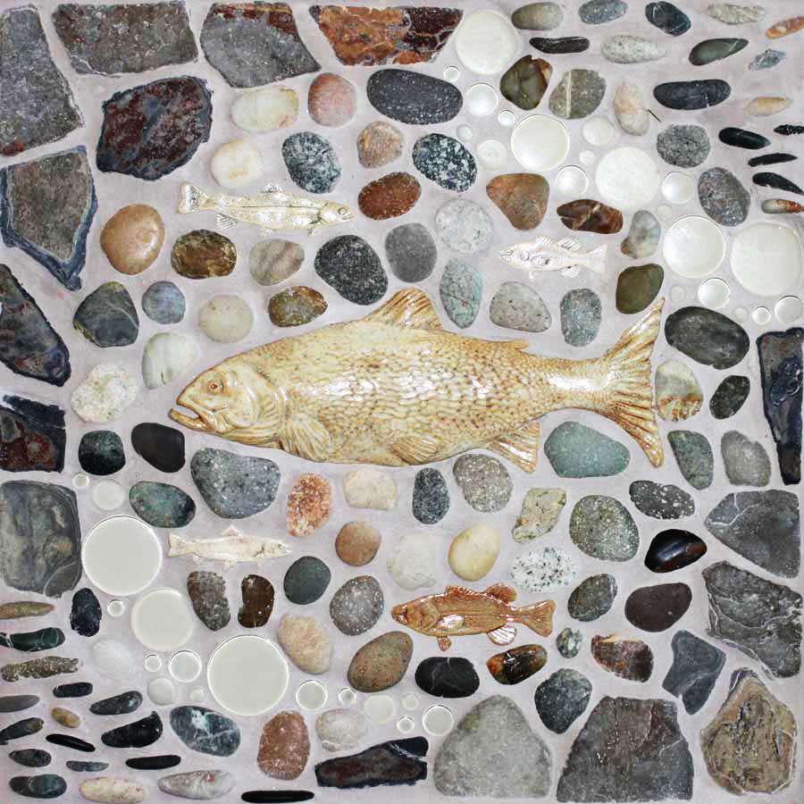 18"x18" "Bass and Co." mosaic tile mural from the Lake, Pond, & River Dog Tile Collection by Wet Dog Tile Co.