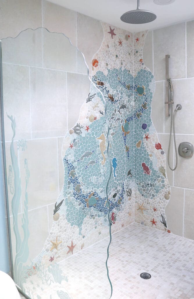 beach glass shower wall tile