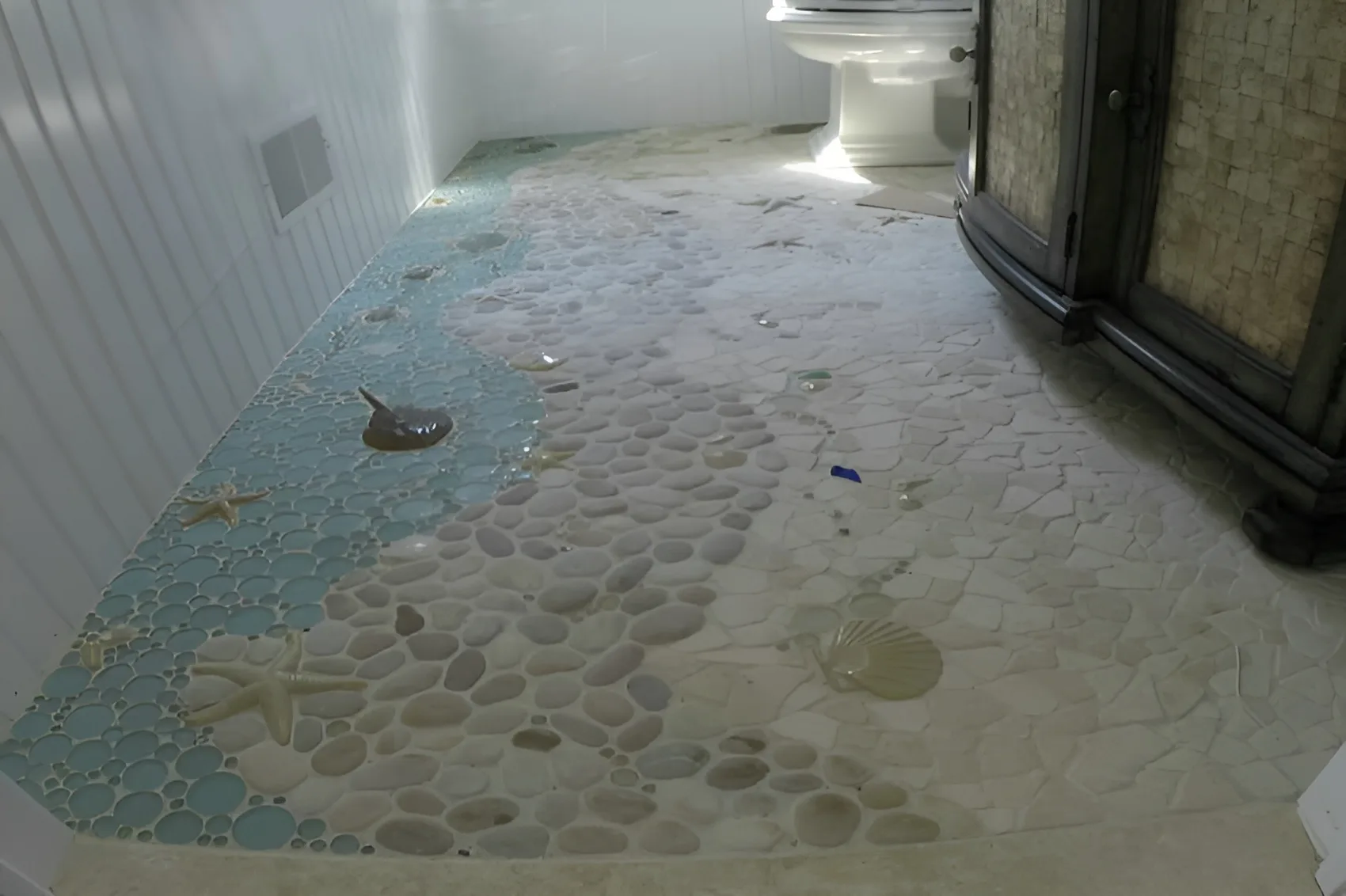 coastal modern tile floor powder room