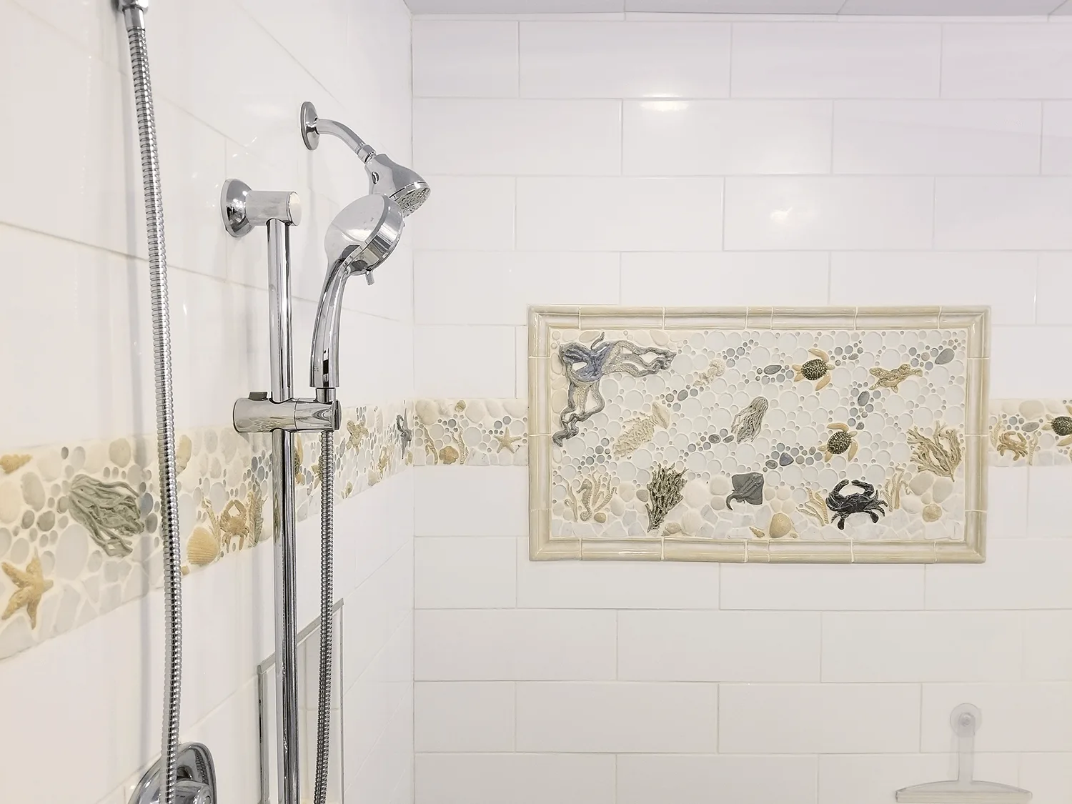 coastal tile shower mural with border