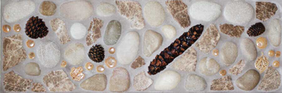 "Fallen Pine Cones" 6"x18" pre-designed mosaic tile border in the Lake, Pond, & River Dog Tile Collection made by Wet Dog Tile Co.