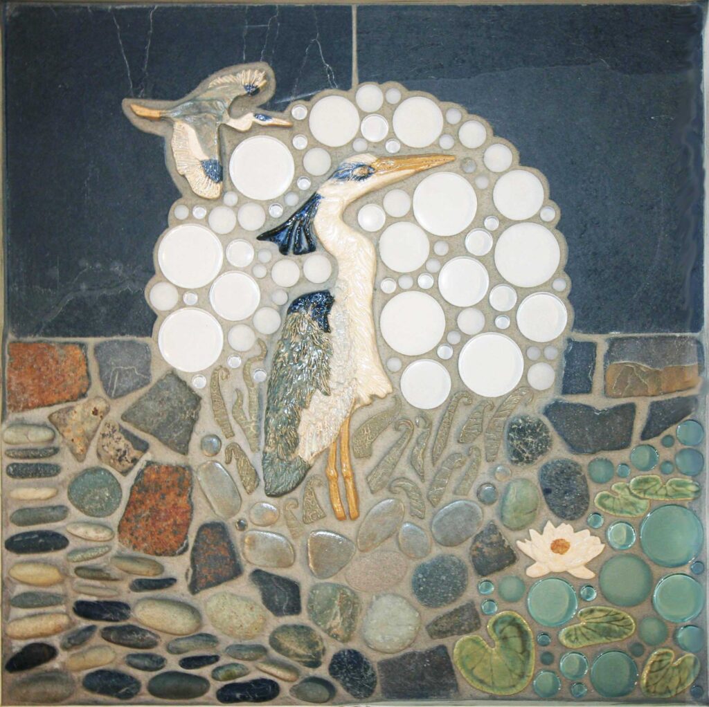 18"x18" "In the Moonlight" mosaic tile mural from the Lake, Pond, & River Dog Tile Collection by Wet Dog Tile Co.