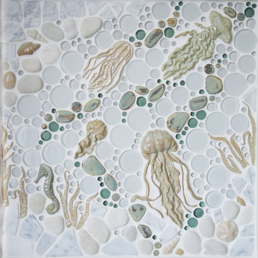 "Jellin'" 18"x18" pre-designed square mosaic tile mural featuring various jellyfish designs from the Ocean Dog Tile Collection