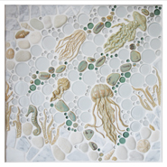 "Jellin'" mosaic tile 18"x18" mural with glazed jellyfish, blue and white circular glass, and natural pebbles and stones