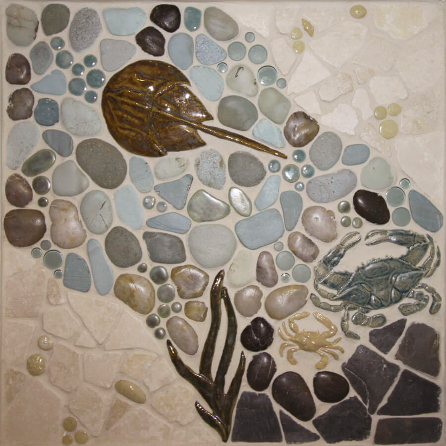 "Kinda Crabby" 18"x18" pre-designed square mosaic tile mural featuring crabs in various sizes and glaze colors from the Ocean Dog Tile Collection