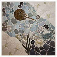 "Kinda Crabby" mosaic tile 18"x18" mural with glazed crabs, green circular glass, and natural pebbles and stones