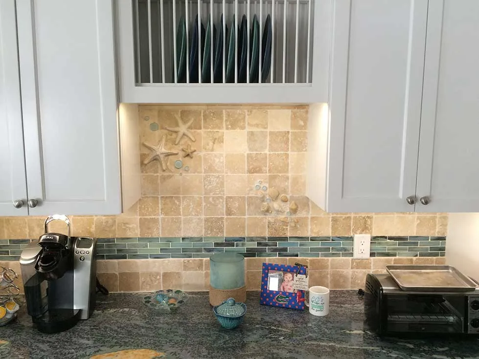 kitchen starfish shells tile backsplash