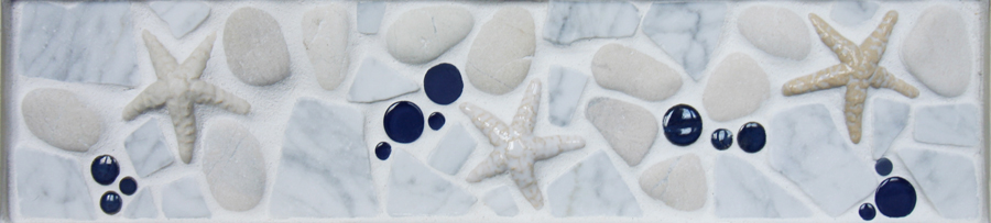 "Nautical - Starfish" 4"x18" pre-designed mosaic tile border in the Ocean Dog Tile Collection made by Wet Dog Tile Co.