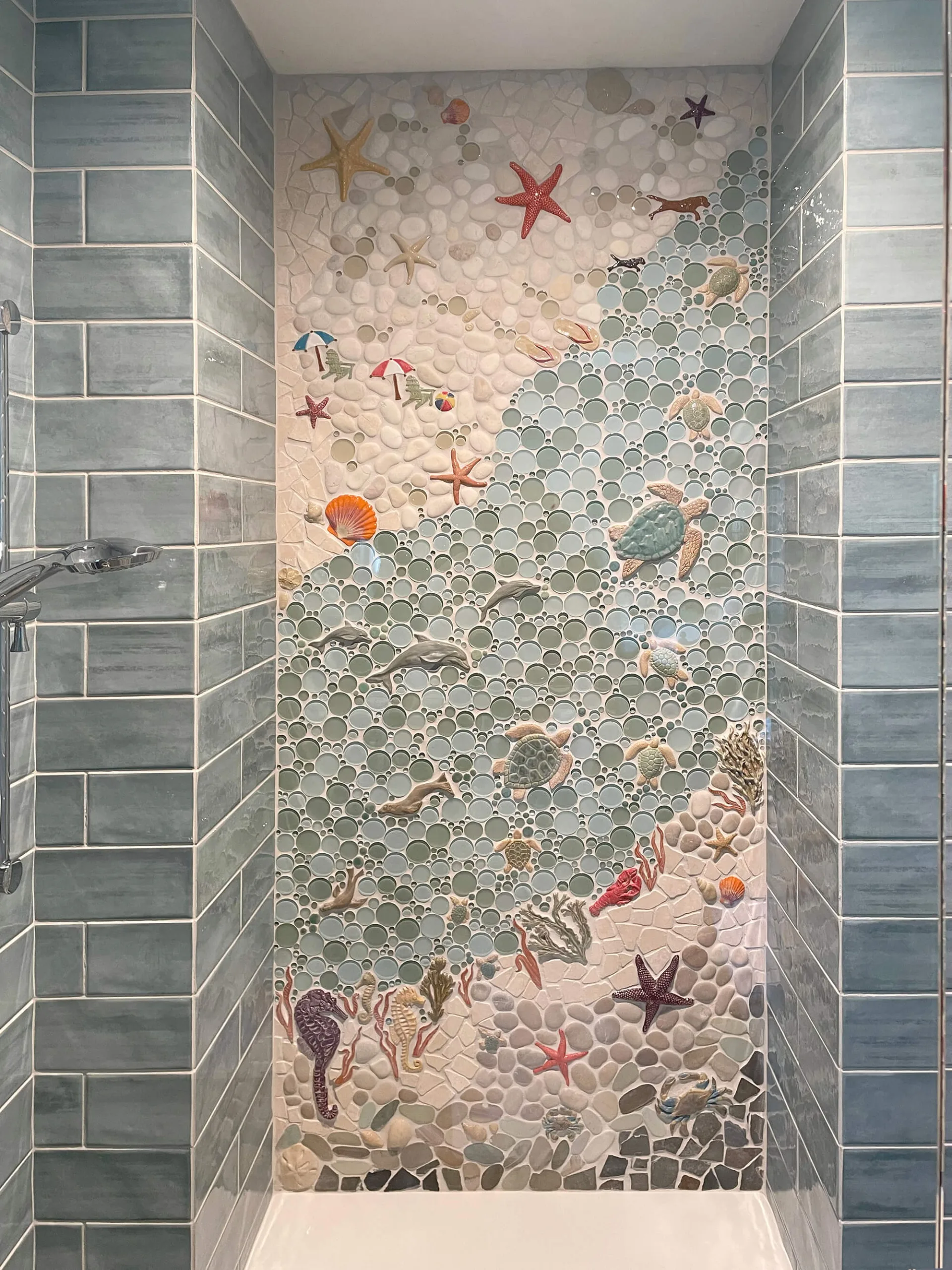 ocean front tile shower niche