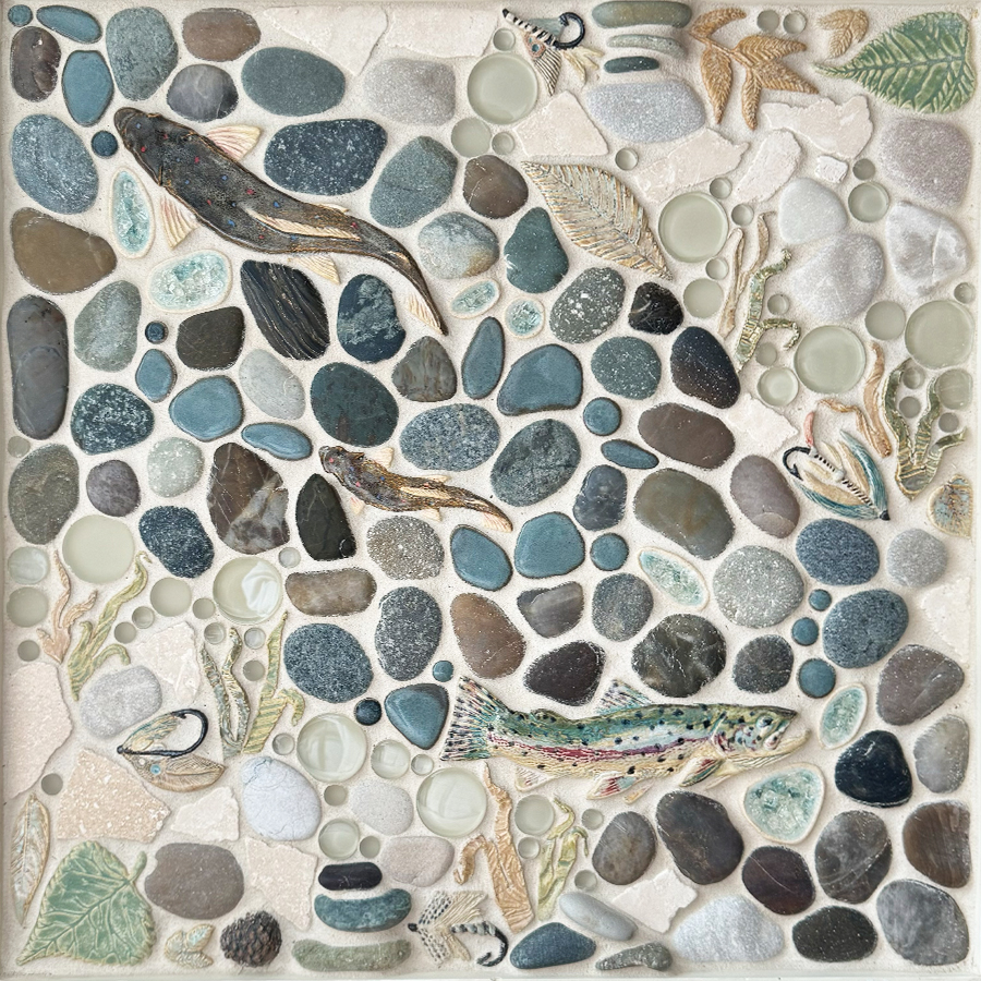 18"x18" "River Run" mosaic tile mural from the Lake, Pond, & River Dog Tile Collection by Wet Dog Tile Co.