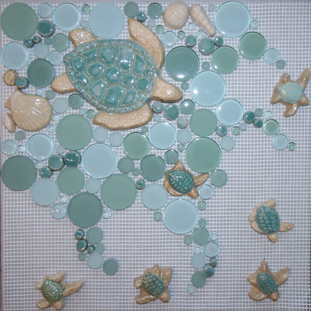 16"x16" mosaic tile floor corner design mural featuring turtles in various sizes and glaze colors