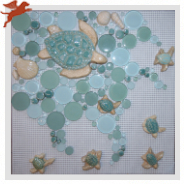 "Sea Turtles" mosaic tile 16"x16" mural corner floor design with glazed turtles and shells, and blue and green circular glass in a wavy, free-form pattern