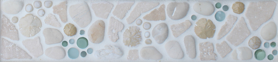 "Seafoam - Sand Dollars" 4"x18" pre-designed mosaic tile border in the Ocean Dog Tile Collection made by Wet Dog Tile Co.