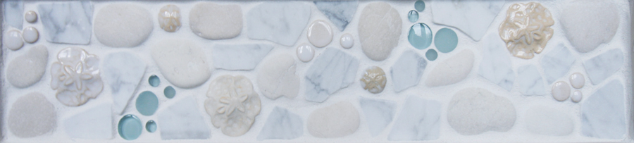 "Seaspray - Sand Dollars" 4"x18" pre-designed mosaic tile border in the Ocean Dog Tile Collection made by Wet Dog Tile Co.