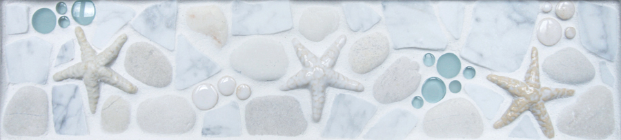 "Seaspray - Starfish" 4"x18" pre-designed mosaic tile border in the Ocean Dog Tile Collection made by Wet Dog Tile Co.