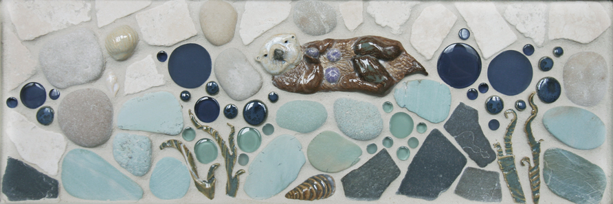 "Significant Otter" 6"x18" pre-designed mosaic tile border in the Ocean Dog Tile Collection made by Wet Dog Tile Co.