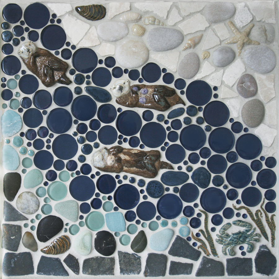 "Significant Otter" 18"x18" pre-designed square mosaic tile mural featuring various otter designs from the Ocean Dog Tile Collection