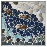 "Significant Otter" mosaic tile 18"x18" mural with glazed otters, light and dark blue circular glass, and natural pebbles and stones