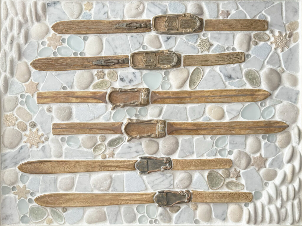 "Vintage Skis - Snowy" 18x24" pre-designed mural from the Snow Dog Tile Collection created by Wet Dog Tile Co.