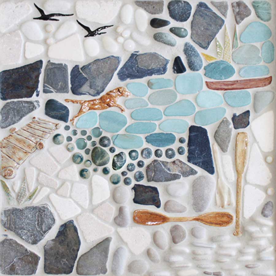 18"x18" "River Run" mosaic tile mural from the Lake, Pond, & River Dog Tile Collection by Wet Dog Tile Co.