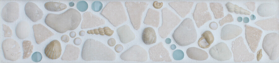 "Tidal - Shells" 4"x18" pre-designed mosaic tile border in the Ocean Dog Tile Collection made by Wet Dog Tile Co.