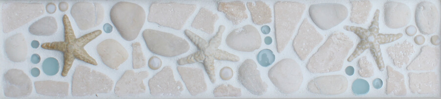 "Tidal - Shells" 4"x18" pre-designed mosaic tile border in the Ocean Dog Tile Collection made by Wet Dog Tile Co.