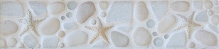 "Whites - Starfish" 4"x18" pre-designed mosaic tile border in the Ocean Dog Tile Collection made by Wet Dog Tile Co.