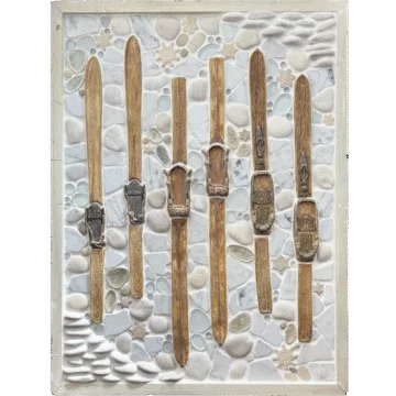 Vintage Skis - Snowy framed mosaic tile mural