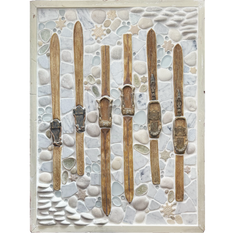 Vintage Skis - Snowy framed mosaic tile mural