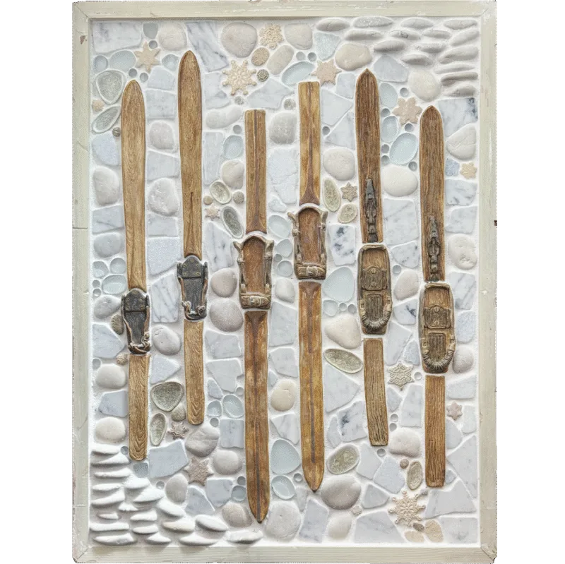 Vintage Skis - Snowy framed mosaic tile mural