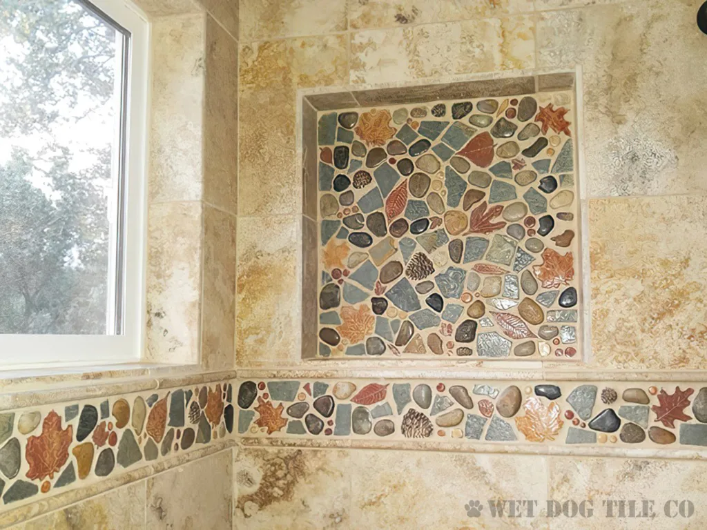 bathroom fall-themed mosaic tile border and mural