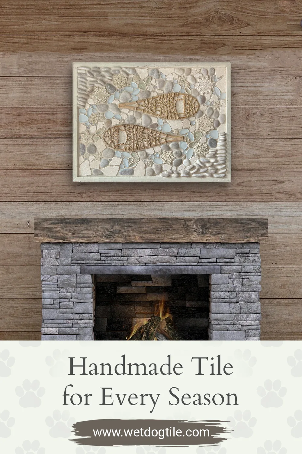 Handmade snowshoe framed mosaic stoneware tile mural