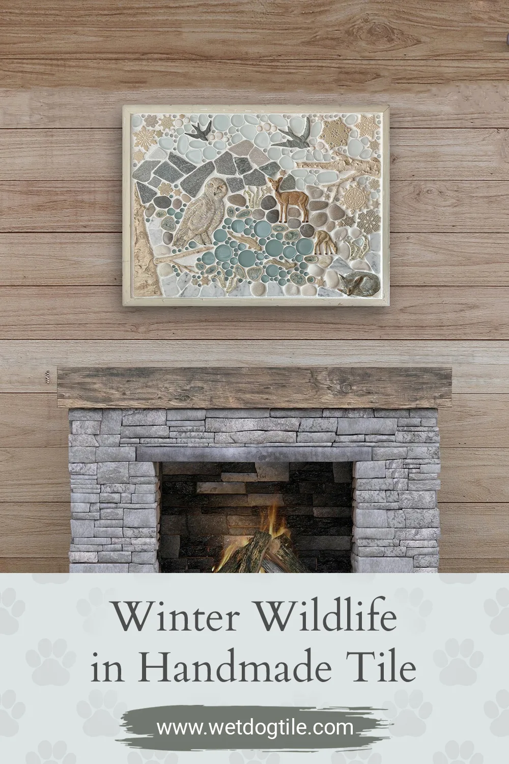 Handmade winter-themed mosaic tile mural with snowy owl, deer, birds, fox, birch branches, and snowflakes, framed and grouted