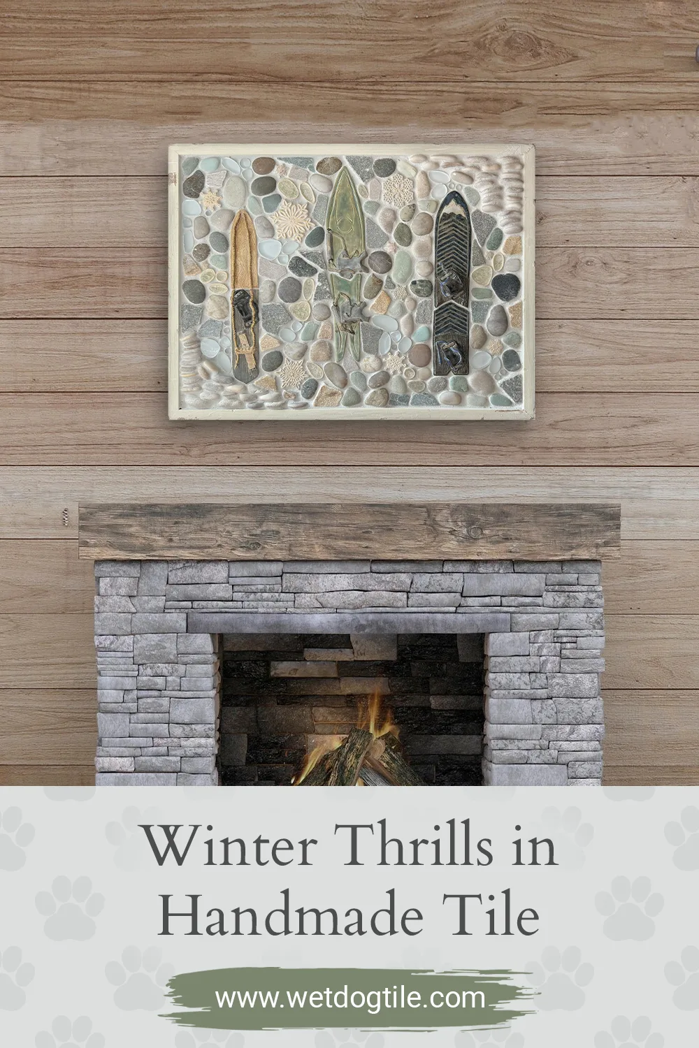 Handmade vintage snowboard mosaic tile mural framed in distressed pine hanging above a fireplace