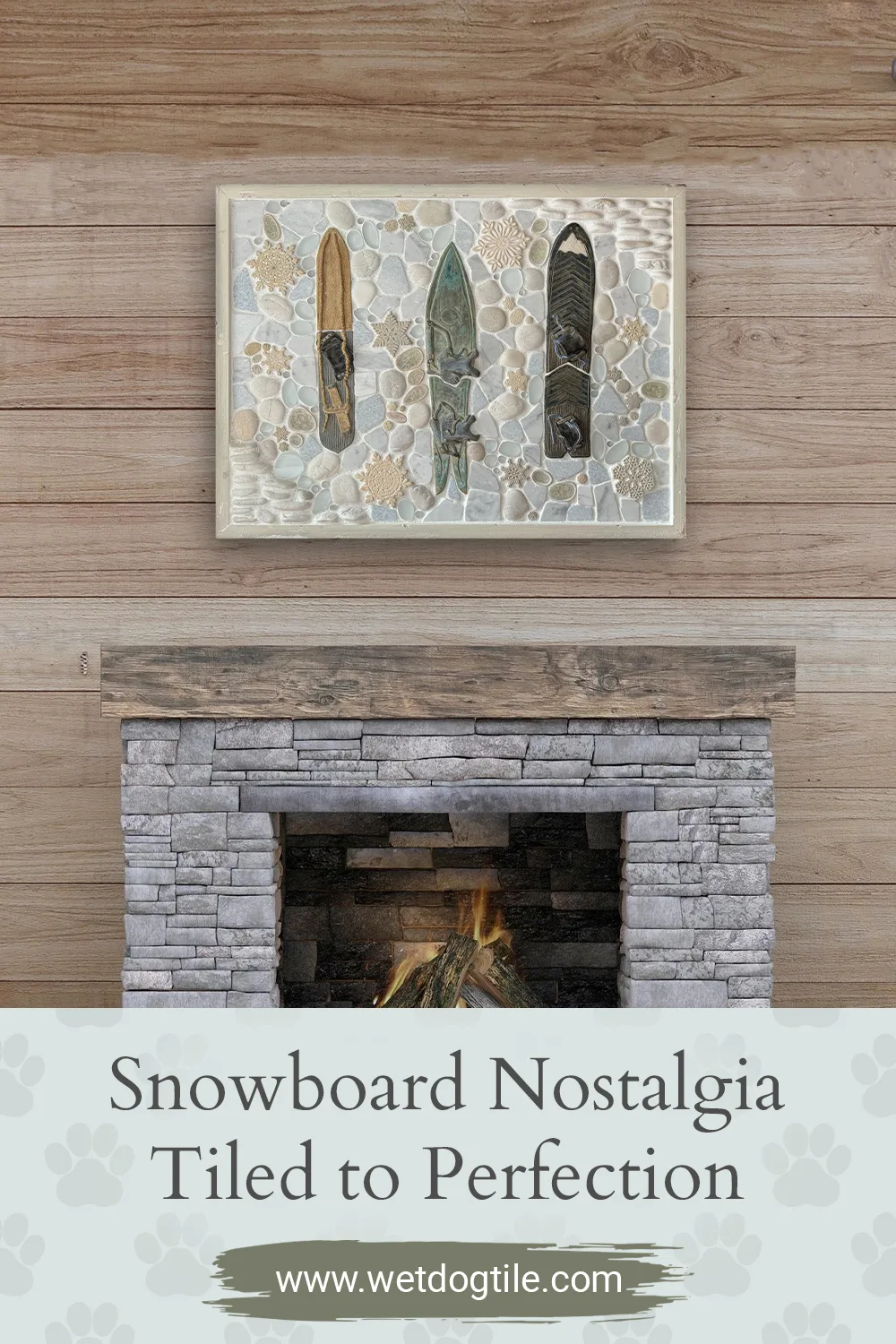 Vintage snowboard mural featuring handmade snowboards framed in distressed pine