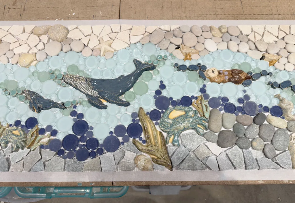 whale themed mosaic tile mural work in progress