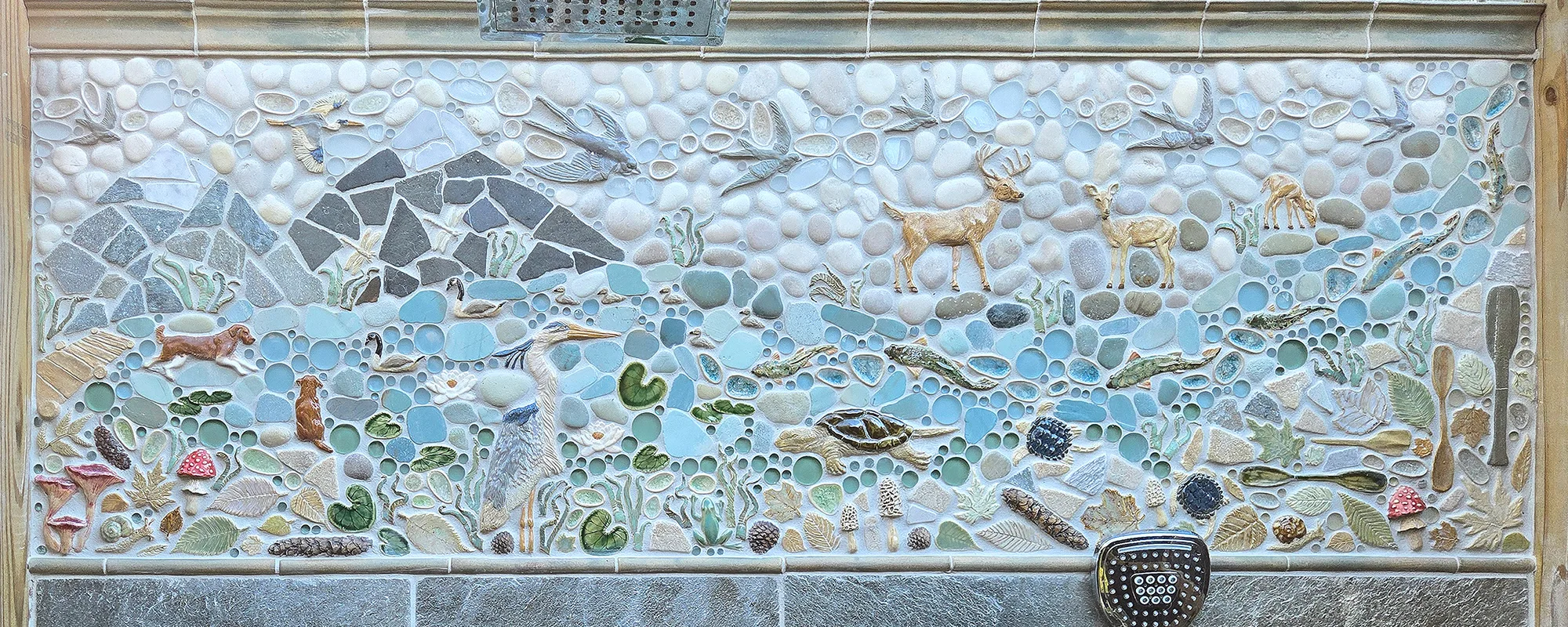 Custom Outdoor Shower Mosaic Tile Mural – Rustic New England Lake & Mountain Scene