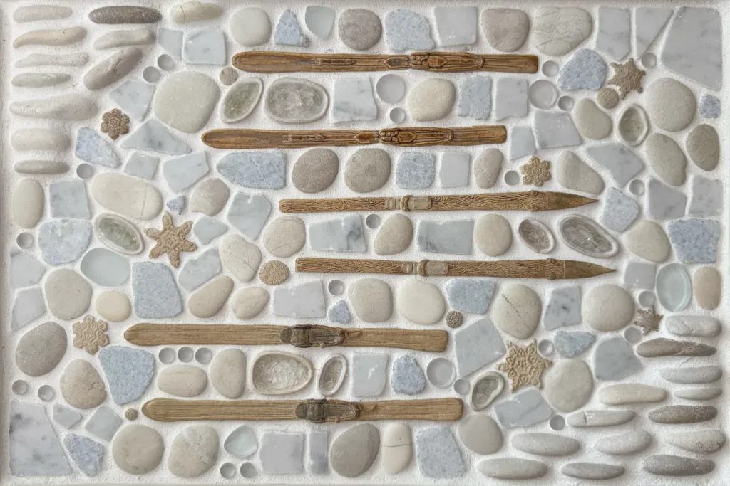 Vintage Skis - Snowy Mural 12x18 Mosaic Tile Mural 1