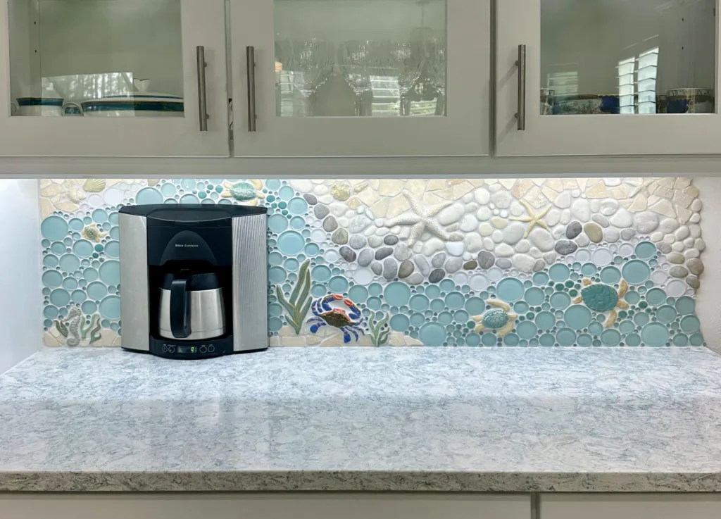 New Installation Photos: Handmade Mosaic Tile Murals for Every Space 5 Chesapeake Blue Crab mosaic tile kitchen backsplash
