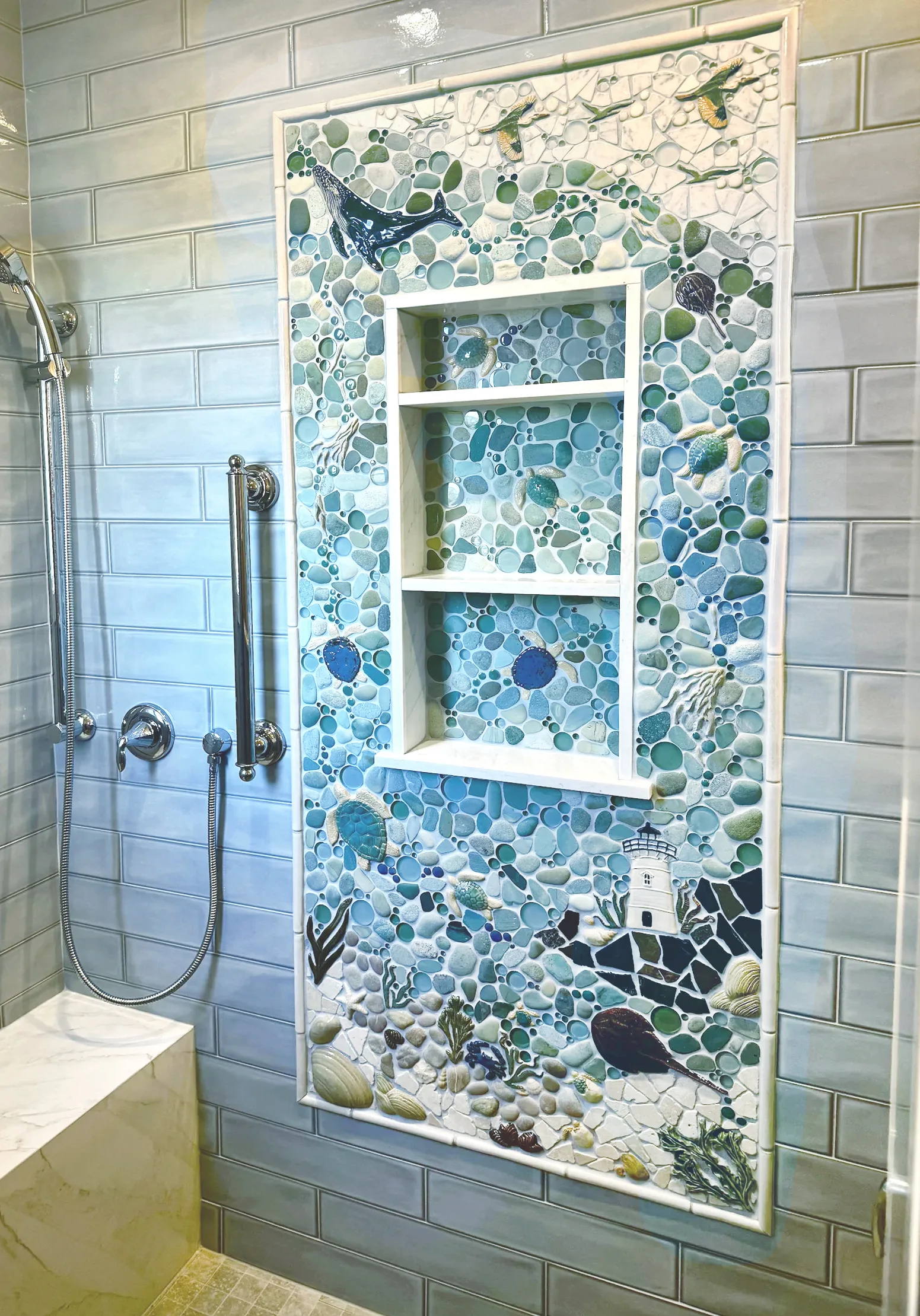 Nautical tile shower niche shelf mosaic tile mural for bathroom