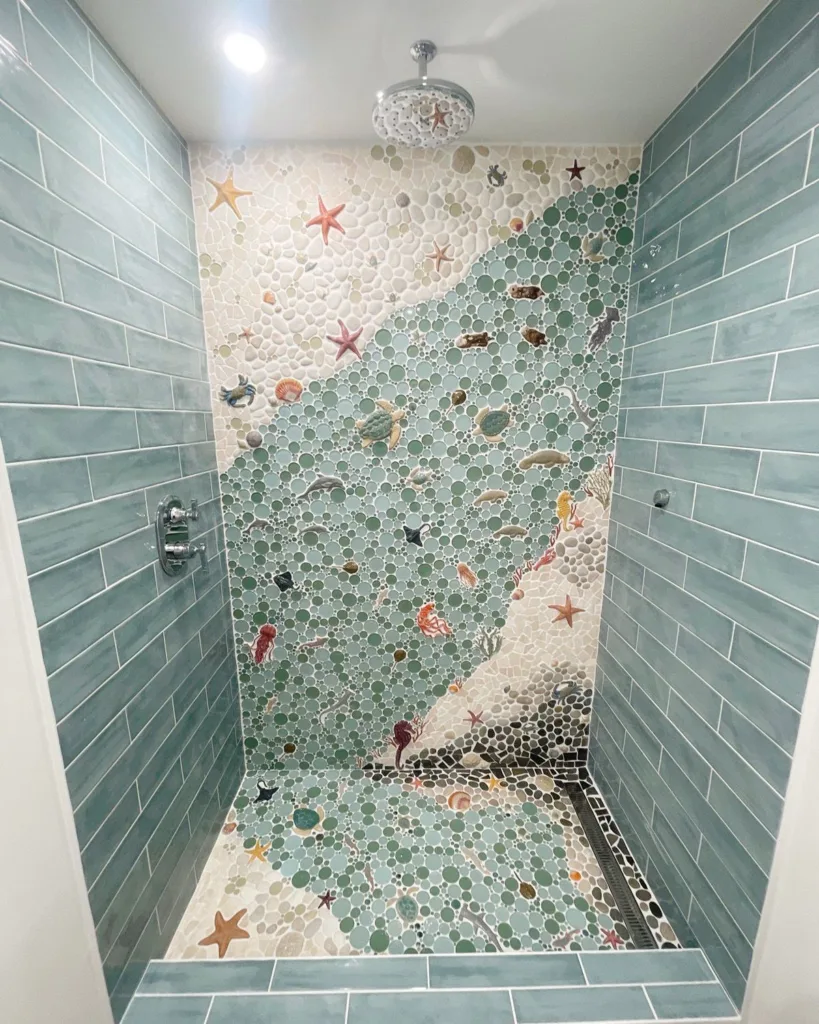 New Installation Photos: Handmade Mosaic Tile Murals for Every Space 6 Tropical bathroom shower wall mosaic tile mural