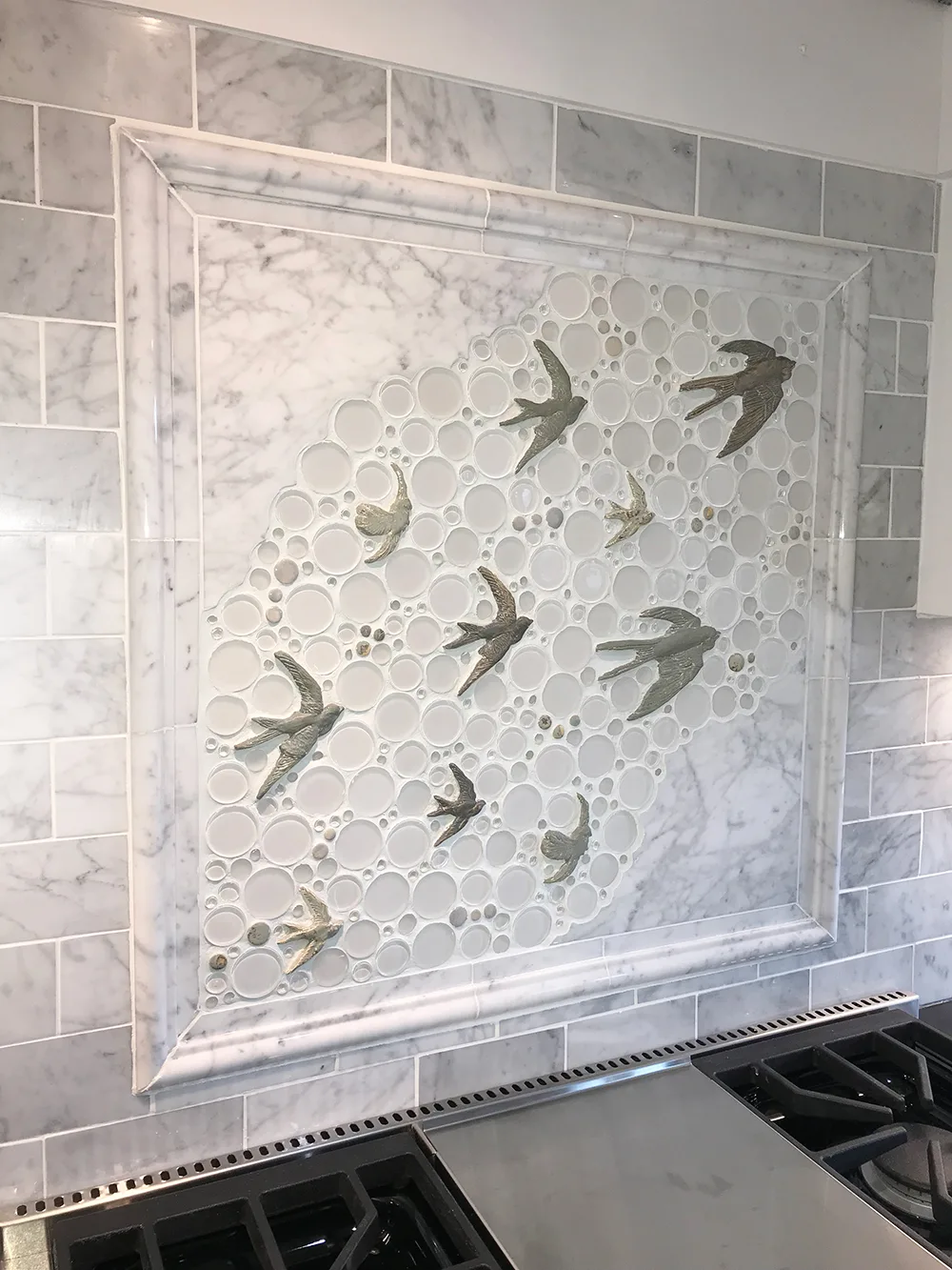 White carrara marble mosaic tile mural with birds for Kitchen backsplash